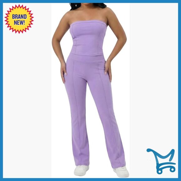 Strapless Tube Crop Top Flared Pants Set 2 Piece Outfit Women's Tracksuit
